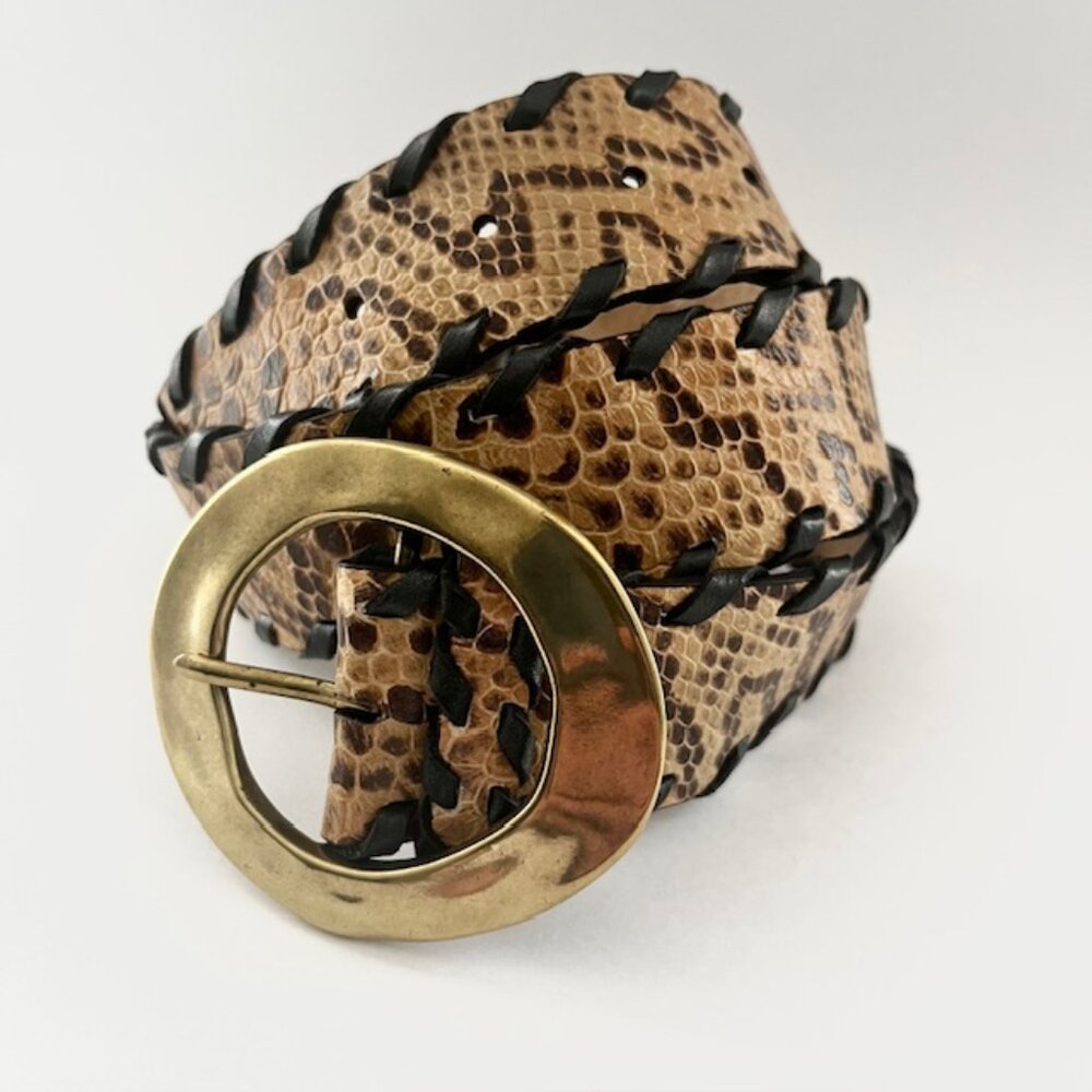 Leather Belt Snakeskin Print Tan Brown Black Gold Tone Buckle Size Large